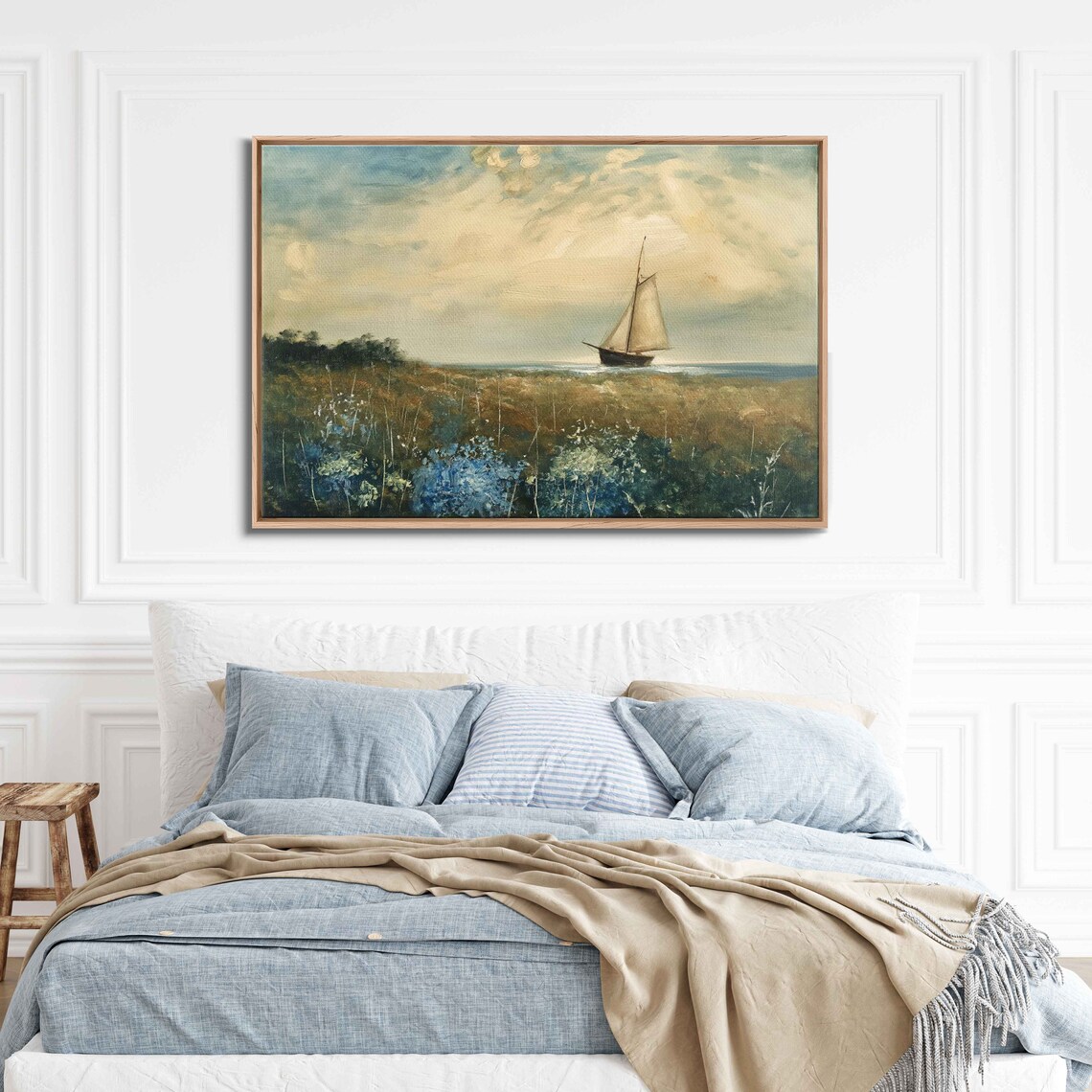 Sailboat On Sea Beyond Wildflower Field Vintage Style Landscape Painting Poster