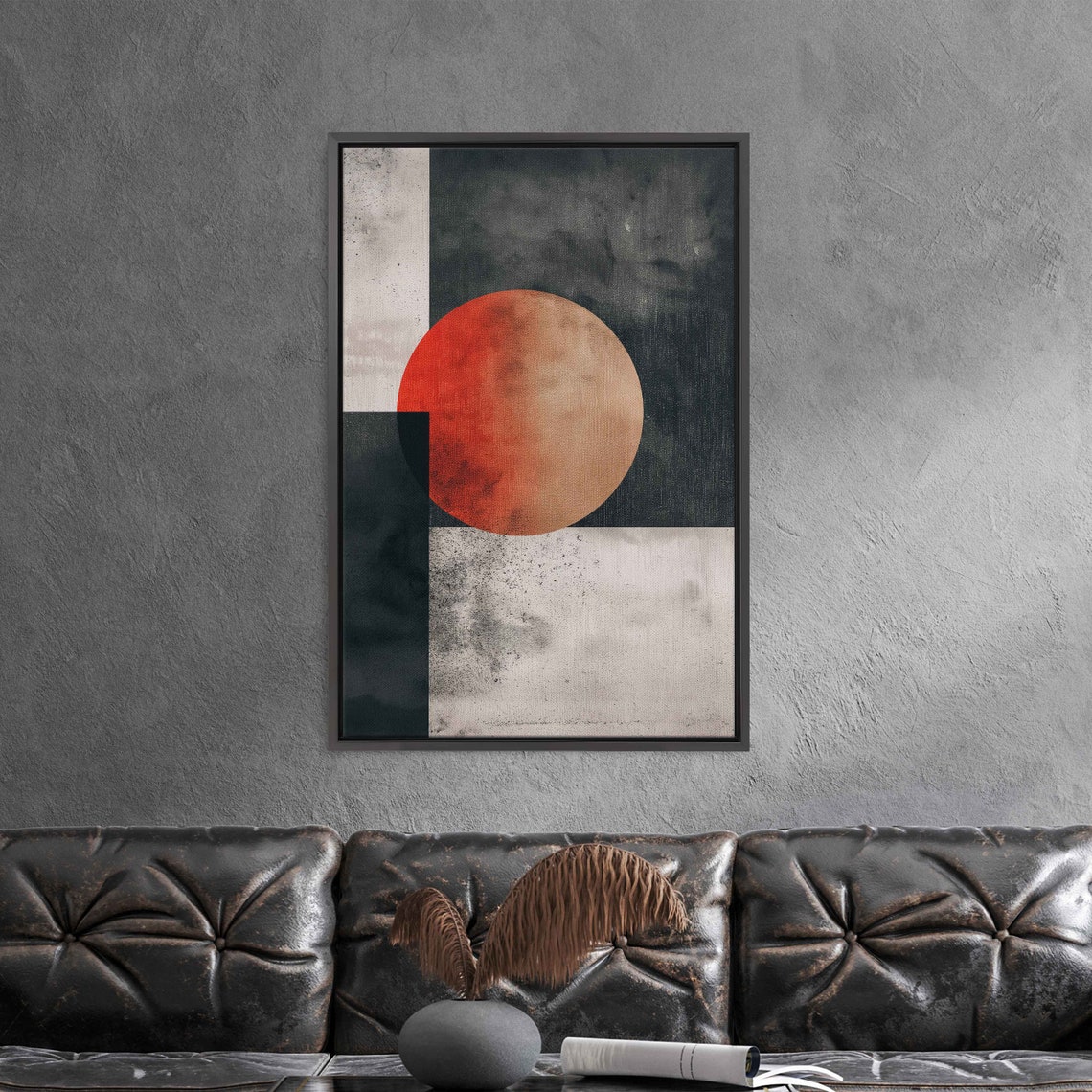 Red Sun Abstract Geometric Black White Blocks Modern Art Poster