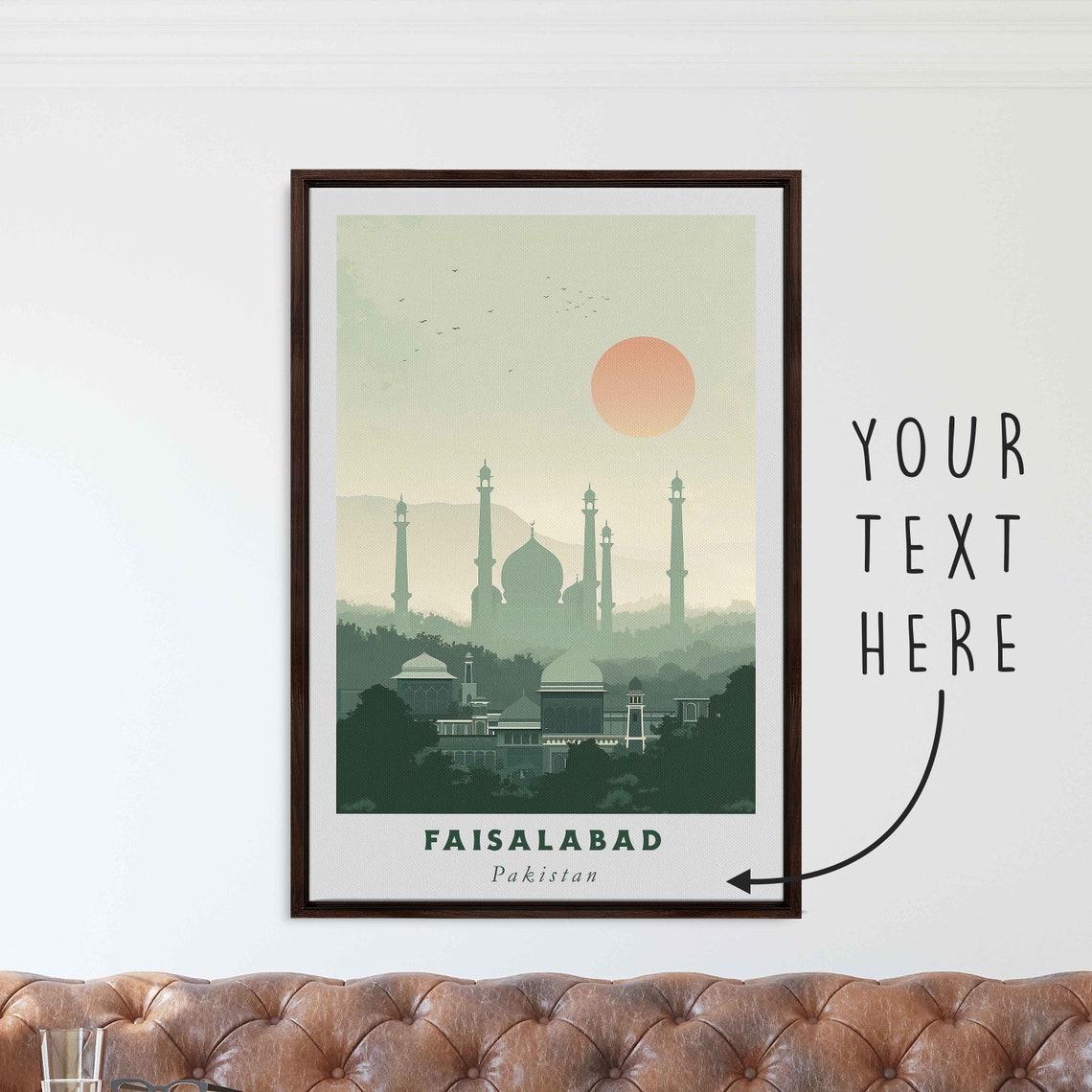 Faisalabad Pakistan Mosque Minarets Misty Sunrise Travel Poster