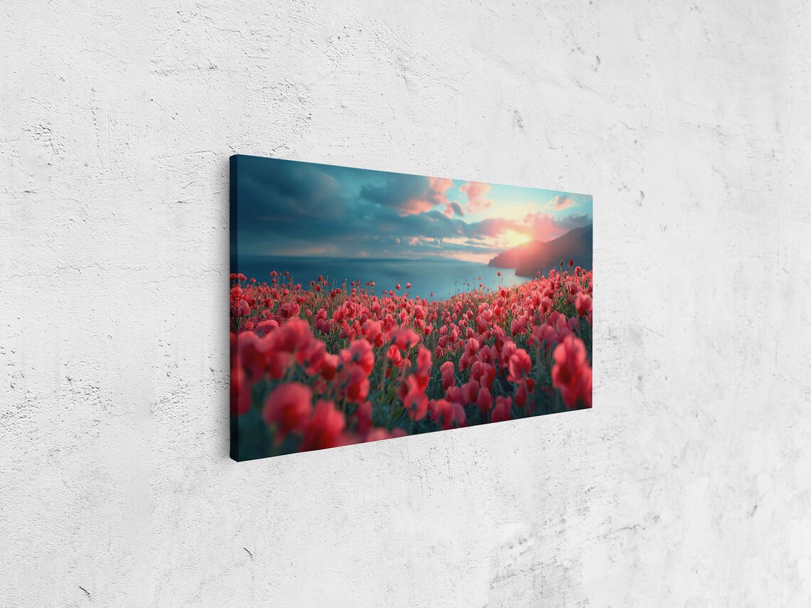 Red Poppy Field Sunset Ocean Backdrop Panoramic Floral Landscape Poster - Image 4