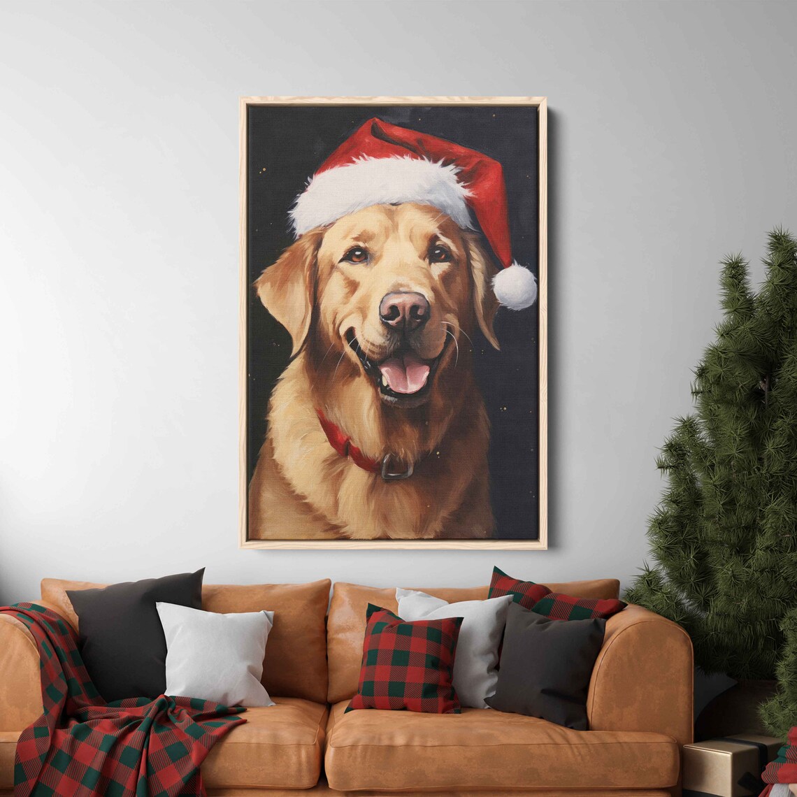 Golden Retriever Wearing Santa Hat Christmas Portrait Poster