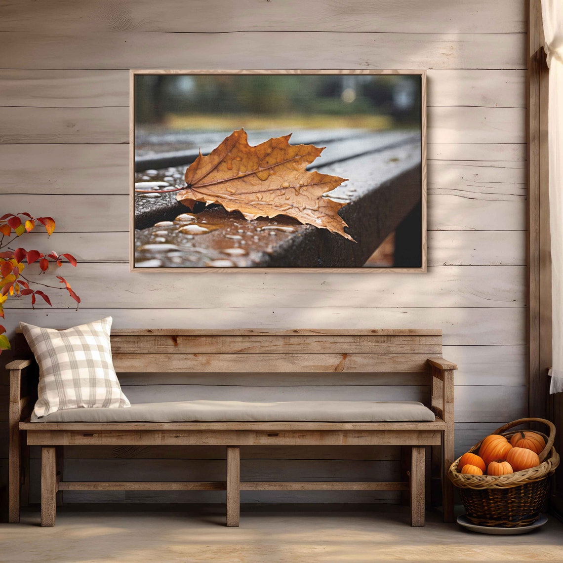 Autumn Maple Leaf Rainy Bench Closeup Moody Fall Photography Poster