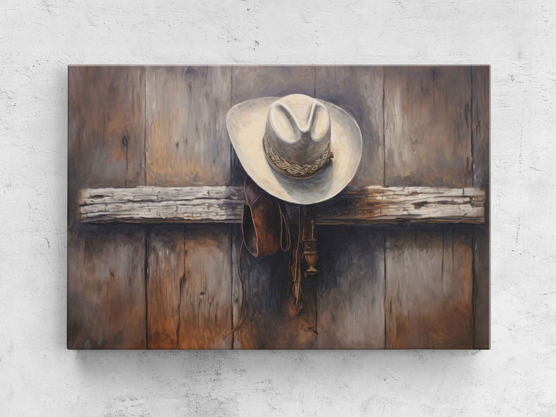 Rustic Cowboy Hat Hanging On Wooden Hook Western Farmhouse Wall Art