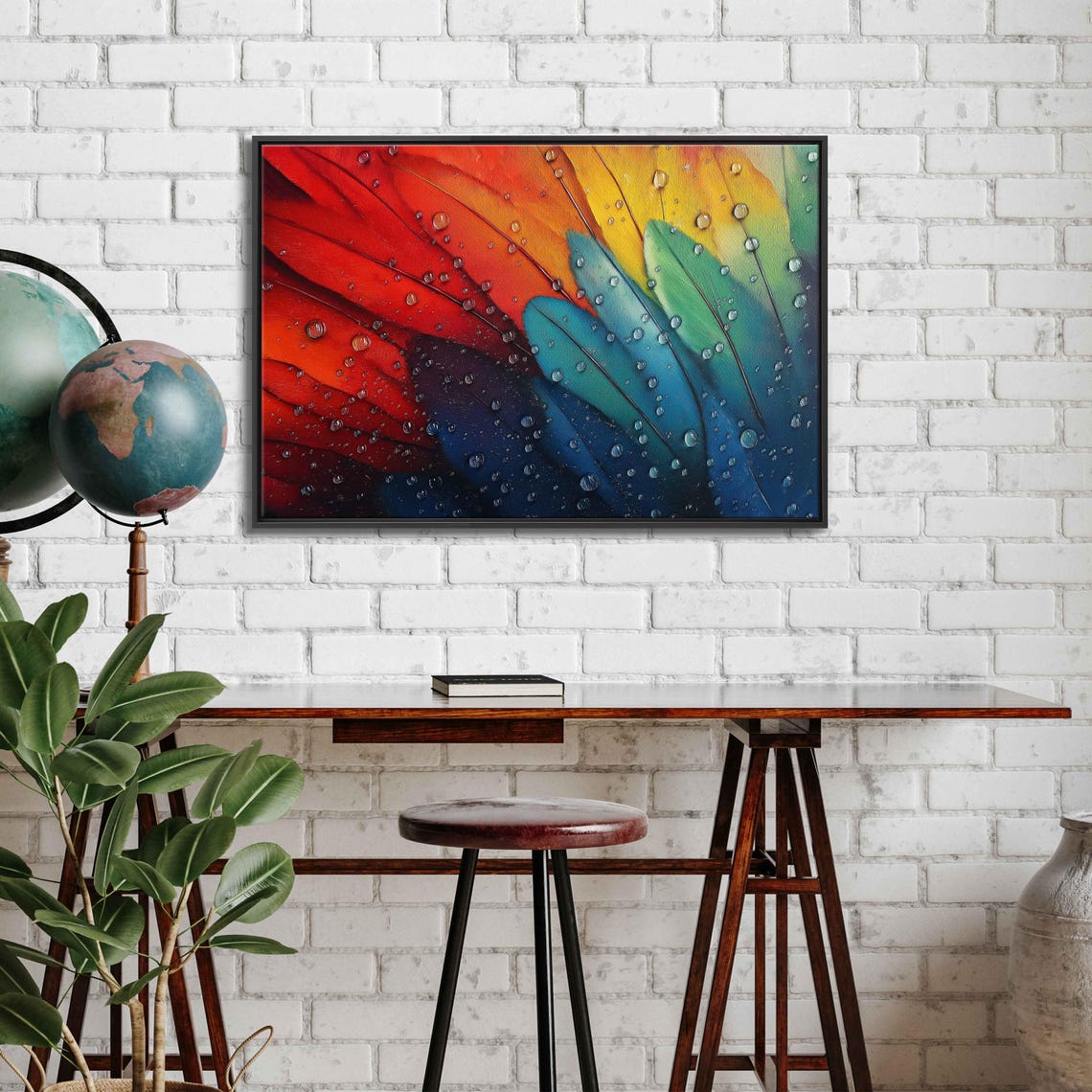 Parrot Feathers Wall Art Print Vibrant Tropical Colors Rain Droplets Matisse Inspired