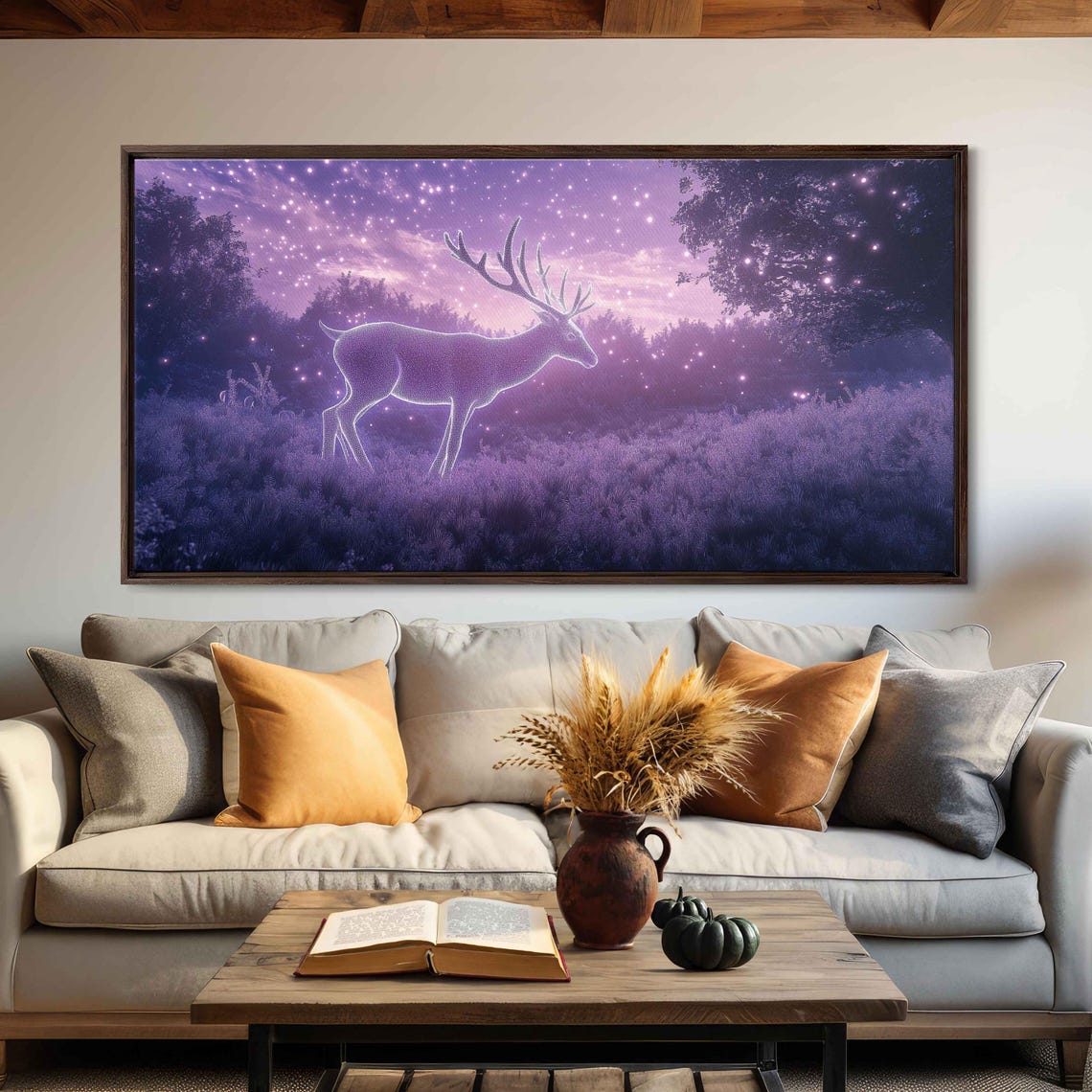 Glowing Stag Lavender Night Meadow Starlit Wildlife Fantasy Poster