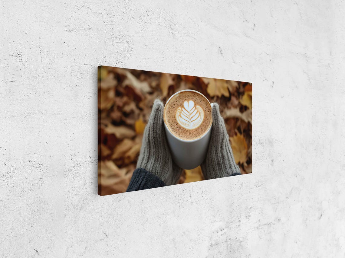 Knit Gloved Hands Holding Warm Latte Mug With Heart Leaf Art Print - Image 4