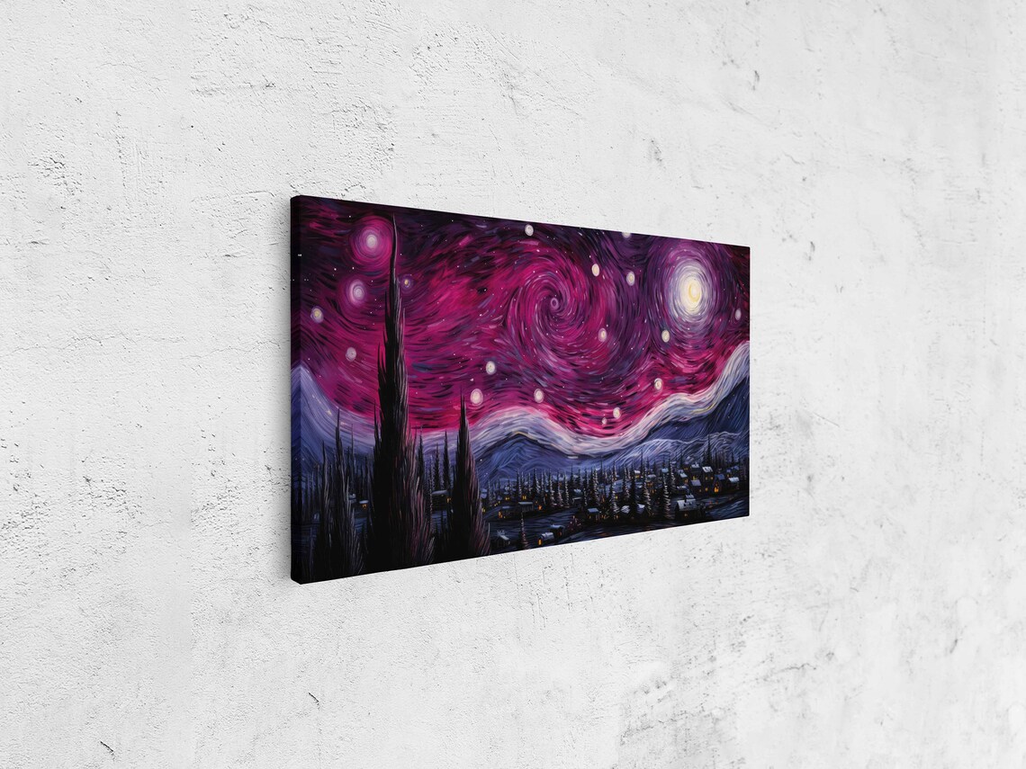 Pink Starry Night Swirling Sky Moon Mountain Town Van Gogh Inspired Art Print - Image 4