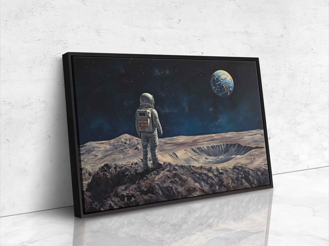Astronaut On Moon Gazing Earth Crater Starry Night Space Art Poster - Image 4