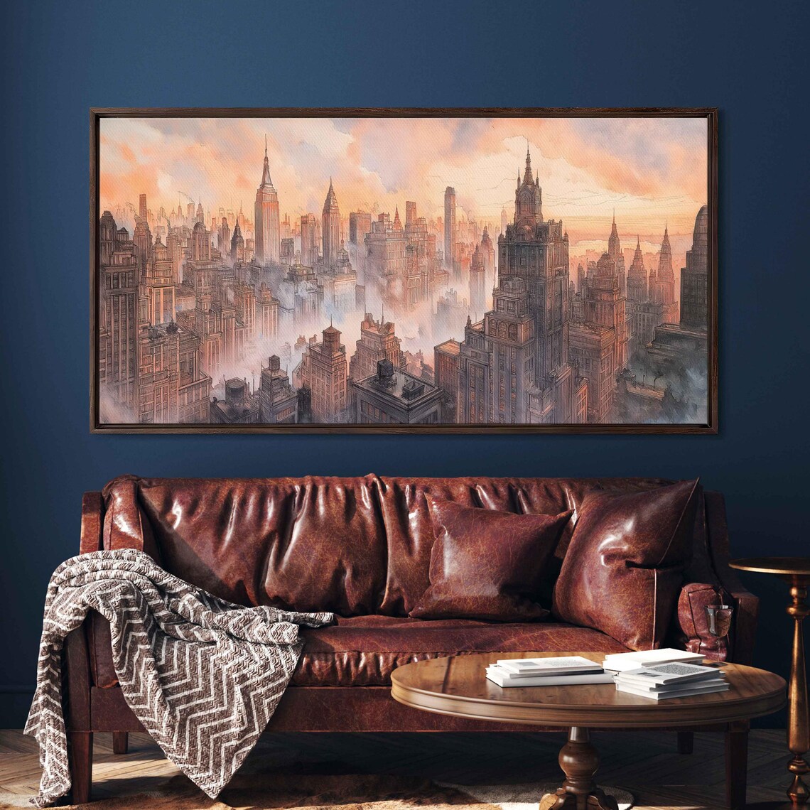New York City Skyline At Sunrise Dreamlike Watercolor Mural Art Poster