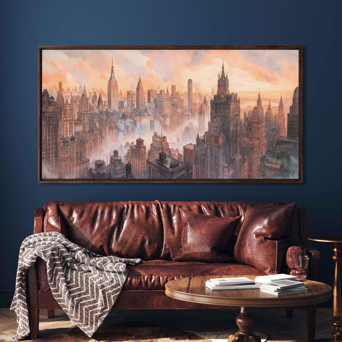 New York Skyline At Sunrise Wall Art Print Dreamlike Mural Watercolor Pastels