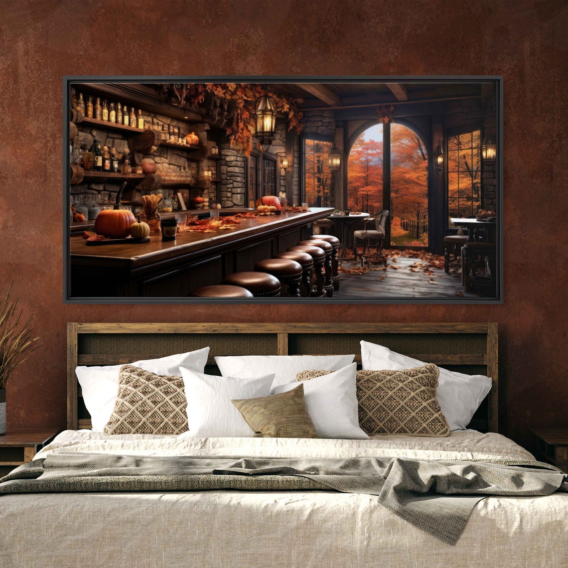 Cozy Autumn Bar Pumpkins Leather Stools Arched Windows Fall Art Print - Image 2