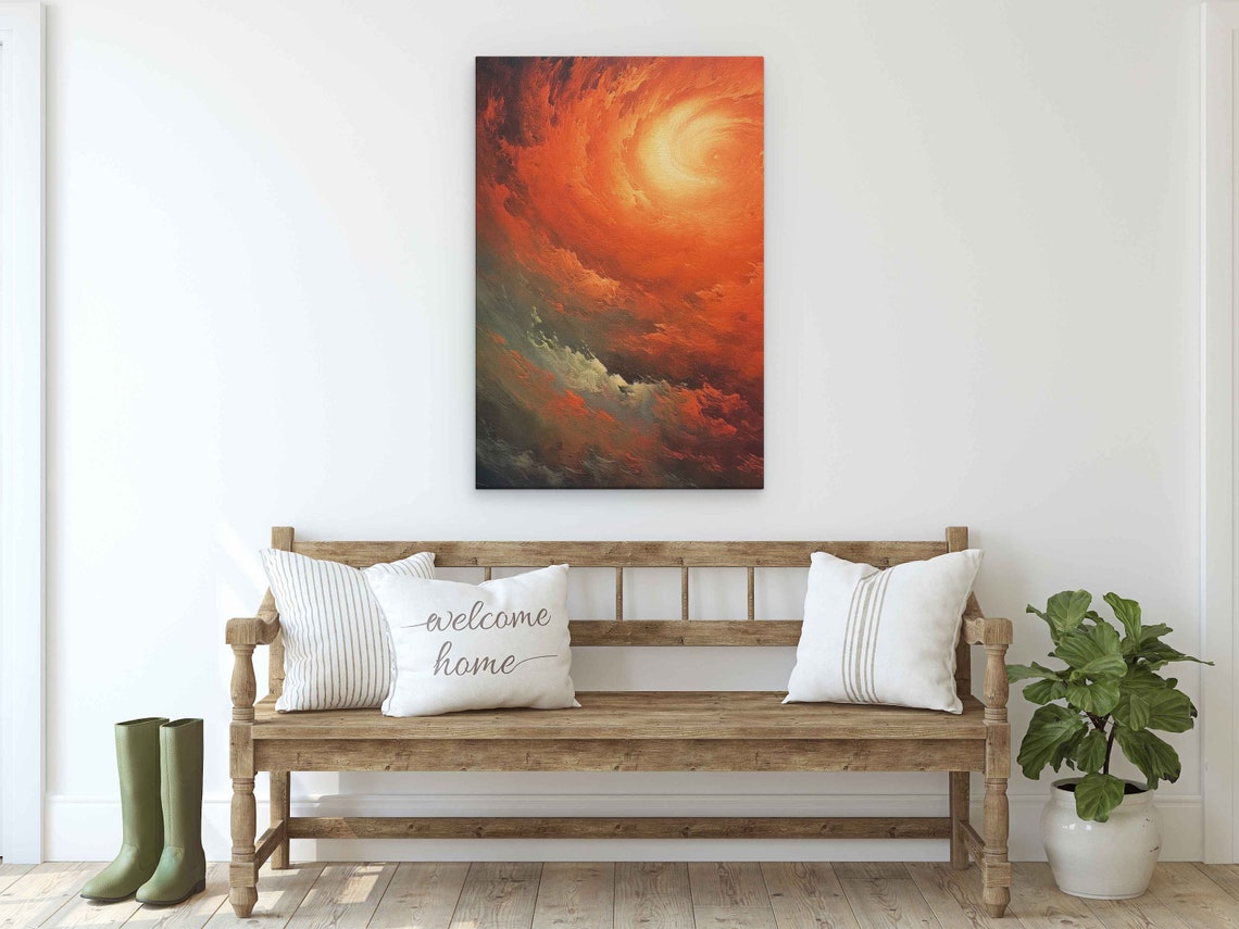 Abstract Swirling Clouds Sunset Oil Painting Framed Print Ready To Hang Textured Paint Office Decor - Image 2