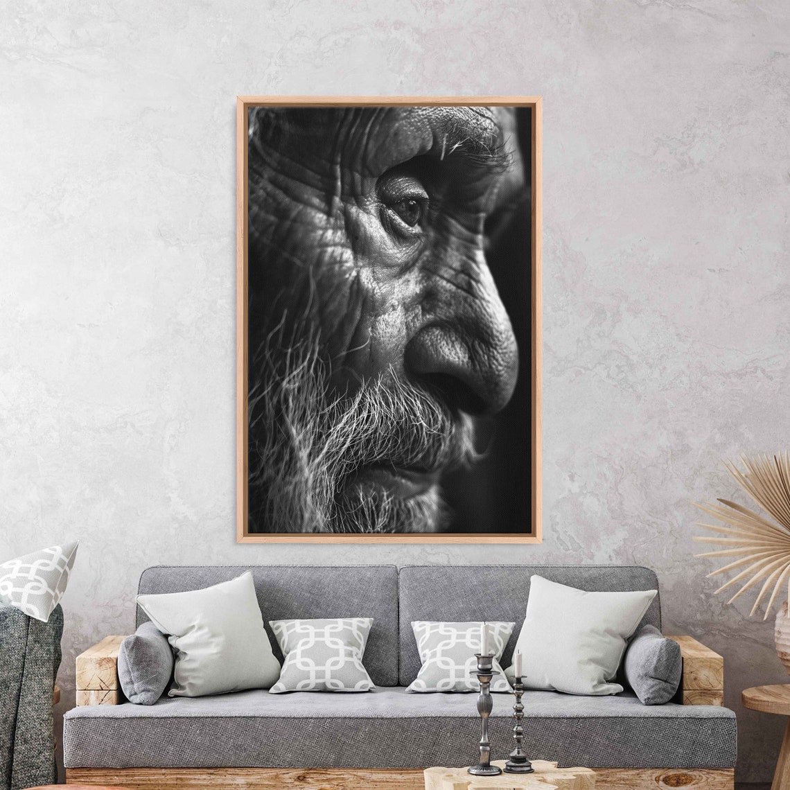 Elderly Man Weathered Face Close Up Black and White Portrait Wall Art - Image 3
