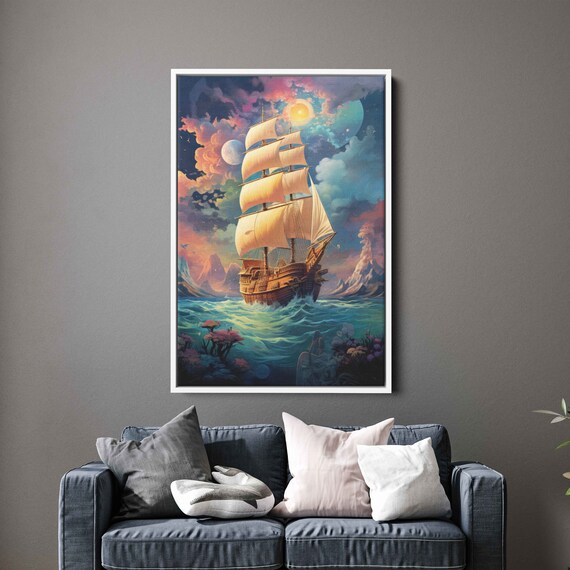 Tall Sailing Ship Sunset Voyage Colorful Ocean Waves Fantasy Art Print