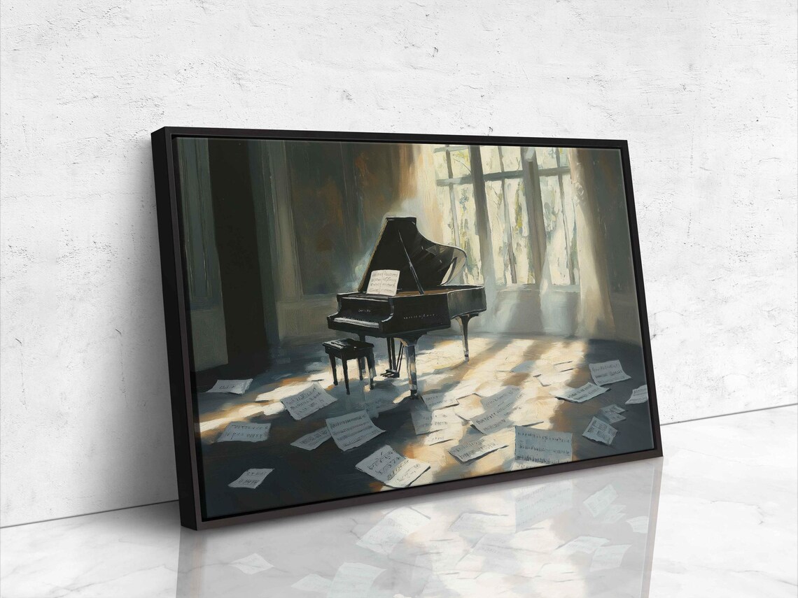Grand Piano In Sunlit Room Scattered Sheet Music Elegant Art Poster - Image 4