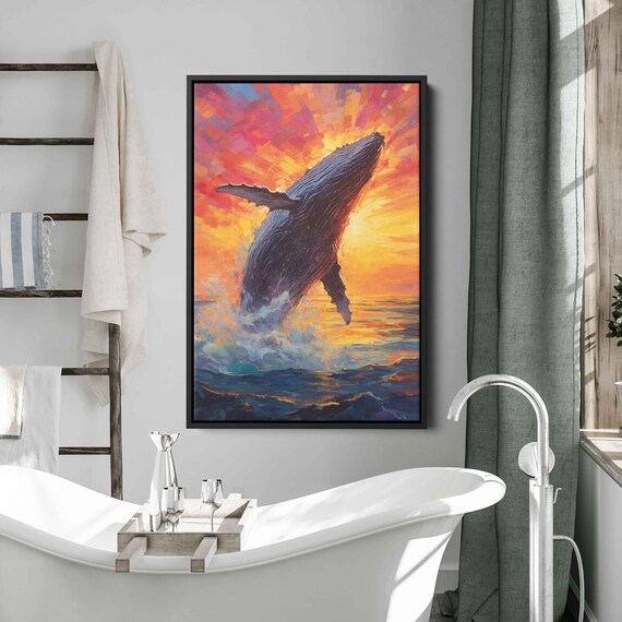 Whale Breaching At Sunset Acrylic Painting Framed Print Reproduction Painting Ready To Hang Beach House Decor