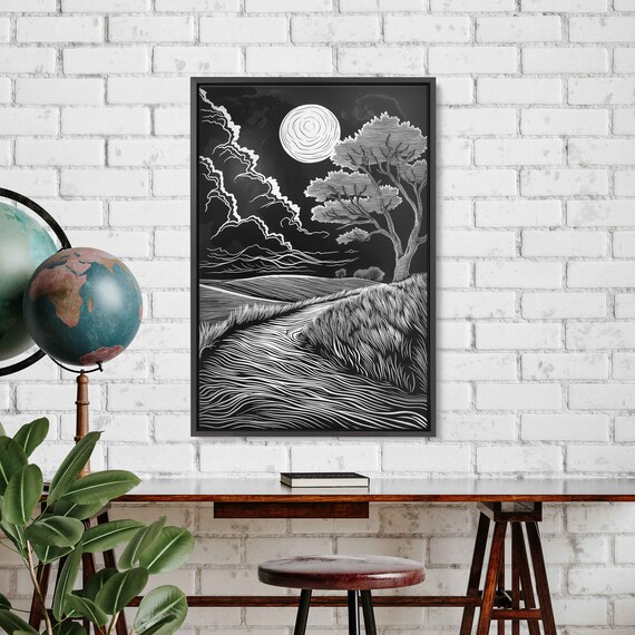 Simple Field Landscape In Black And White Wall Art Print Monochromatic Painting Lone Tree In Pasture Ready To Hang
