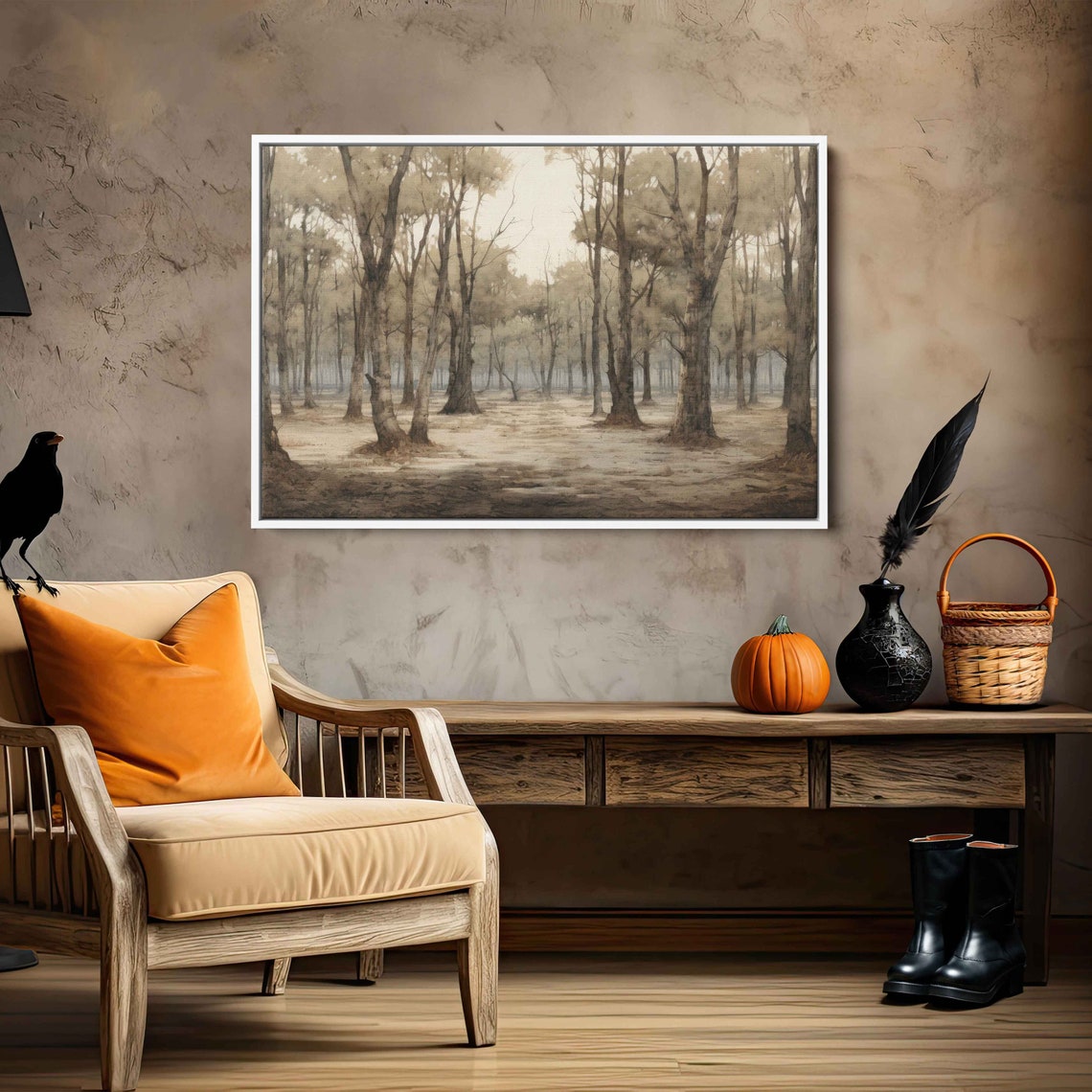 Peaceful Tree Grove Walkway Vintage Neutral Nature Painting Print - Image 2