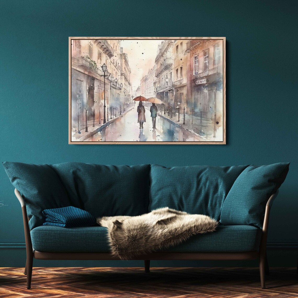 Paris Street Couple Under Umbrellas Rainy Day Watercolor Travel Poster