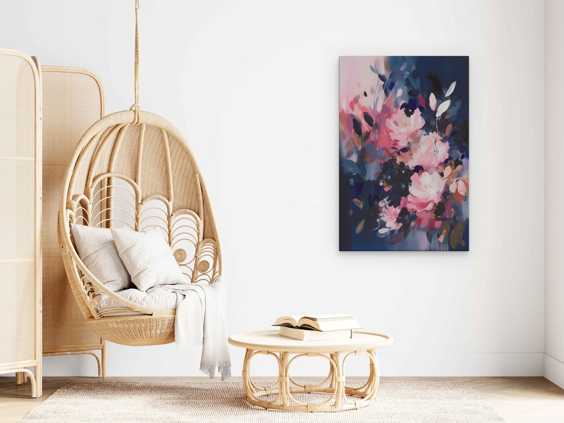 Abstract Pink Peonies On Dark Navy Background Expressive Floral Print - Image 3
