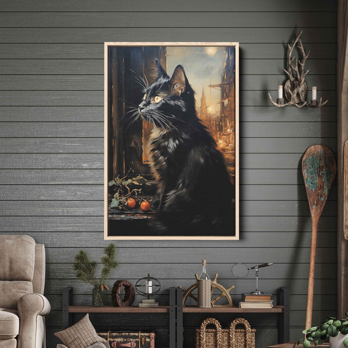 Black Cat Sitting In Windowsill Night City Oil Painting Cat Lover Print - Image 2