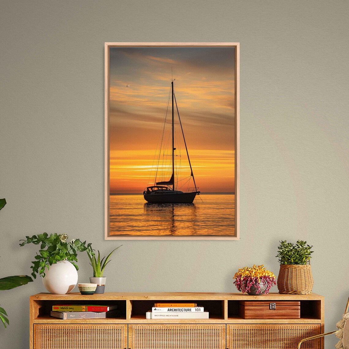 Sailboat Silhouette On Calm Sea At Golden Sunset Horizon Nautical Poster - Image 3