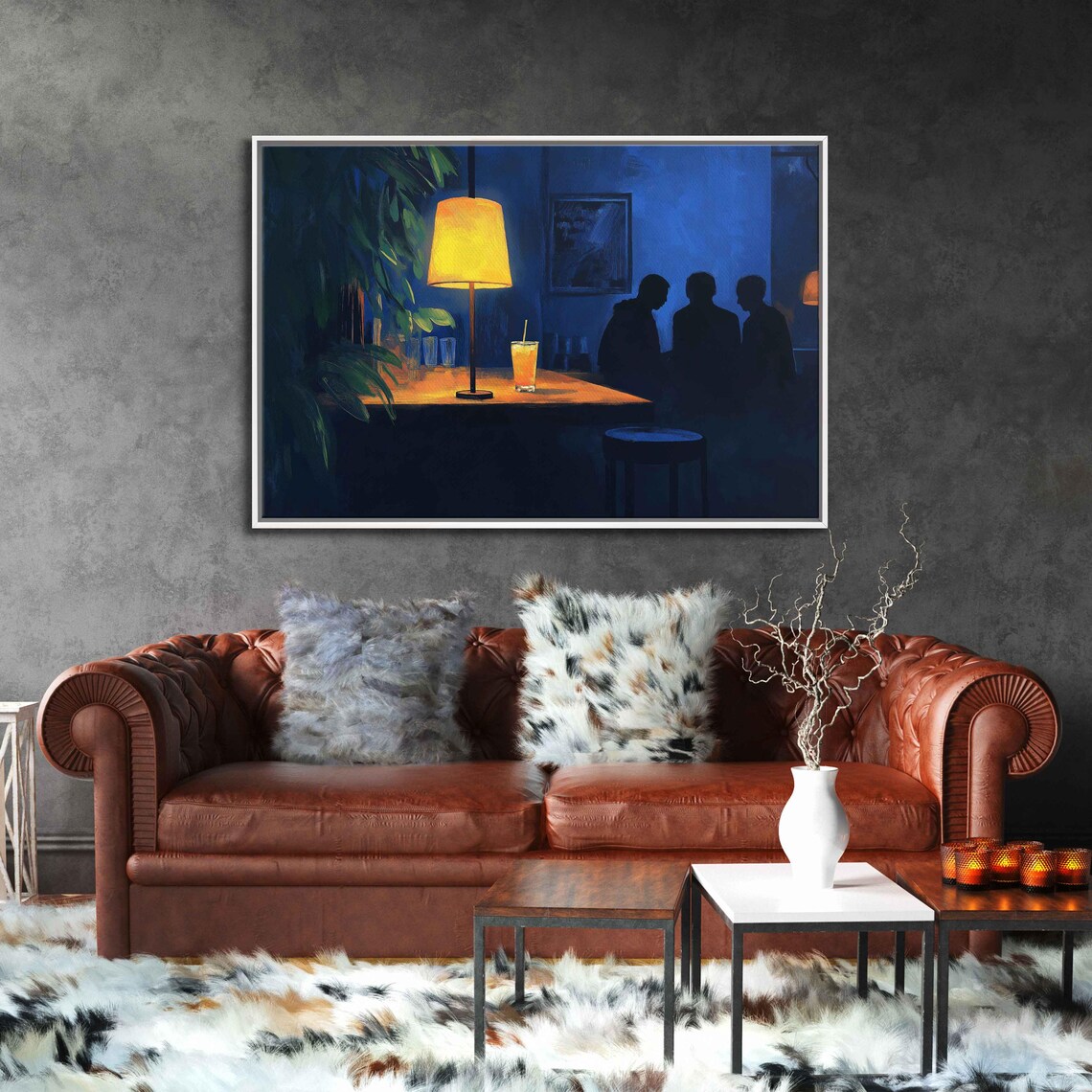 Moody Bar Corner Night Painting Silhouetted Friends Lamplight Poster