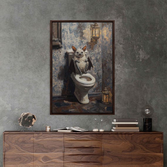 Whimsical Bat On Toilet Wall Art Print Vintage Bathroom Decor Humorous Cozy Design