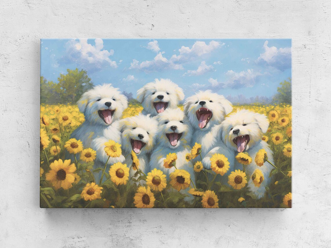 Cheerful White Puppies Among Sunflowers Joyful Dog Painting Poster