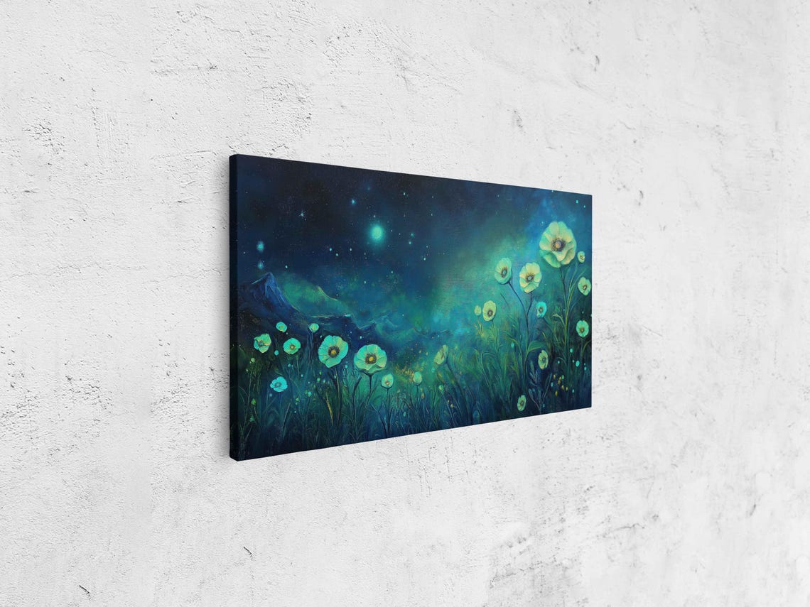 Glowing Green Flowers Starry Night Magical Meadow Dream Art Poster - Image 4