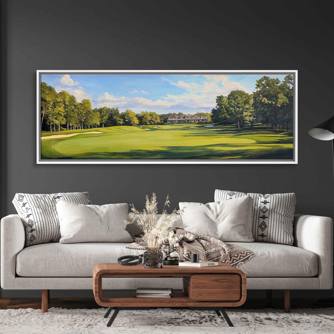 Wide Green Golf Fairway With Distant Clubhouse Sunny Painting Poster
