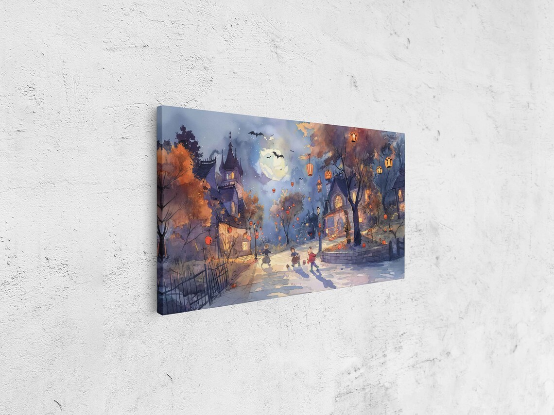 Halloween Night Village Square With Kids Lanterns Bats And Full Moon Wall Art - Image 4