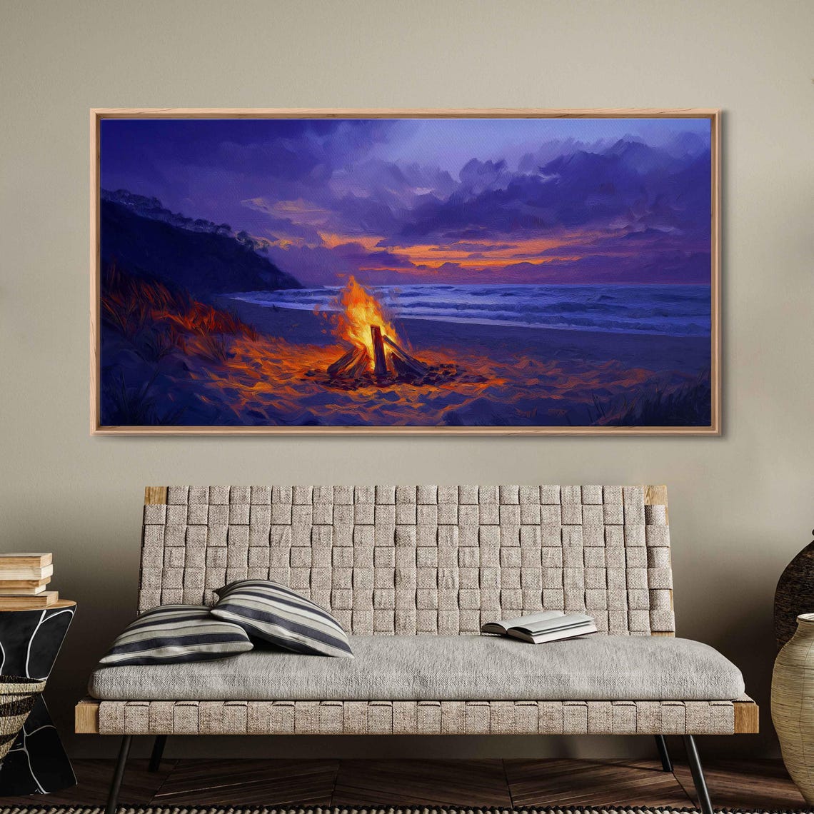 Beach Bonfire At Sunset Glowing Flames Purple Orange Sky Art Poster - Image 3