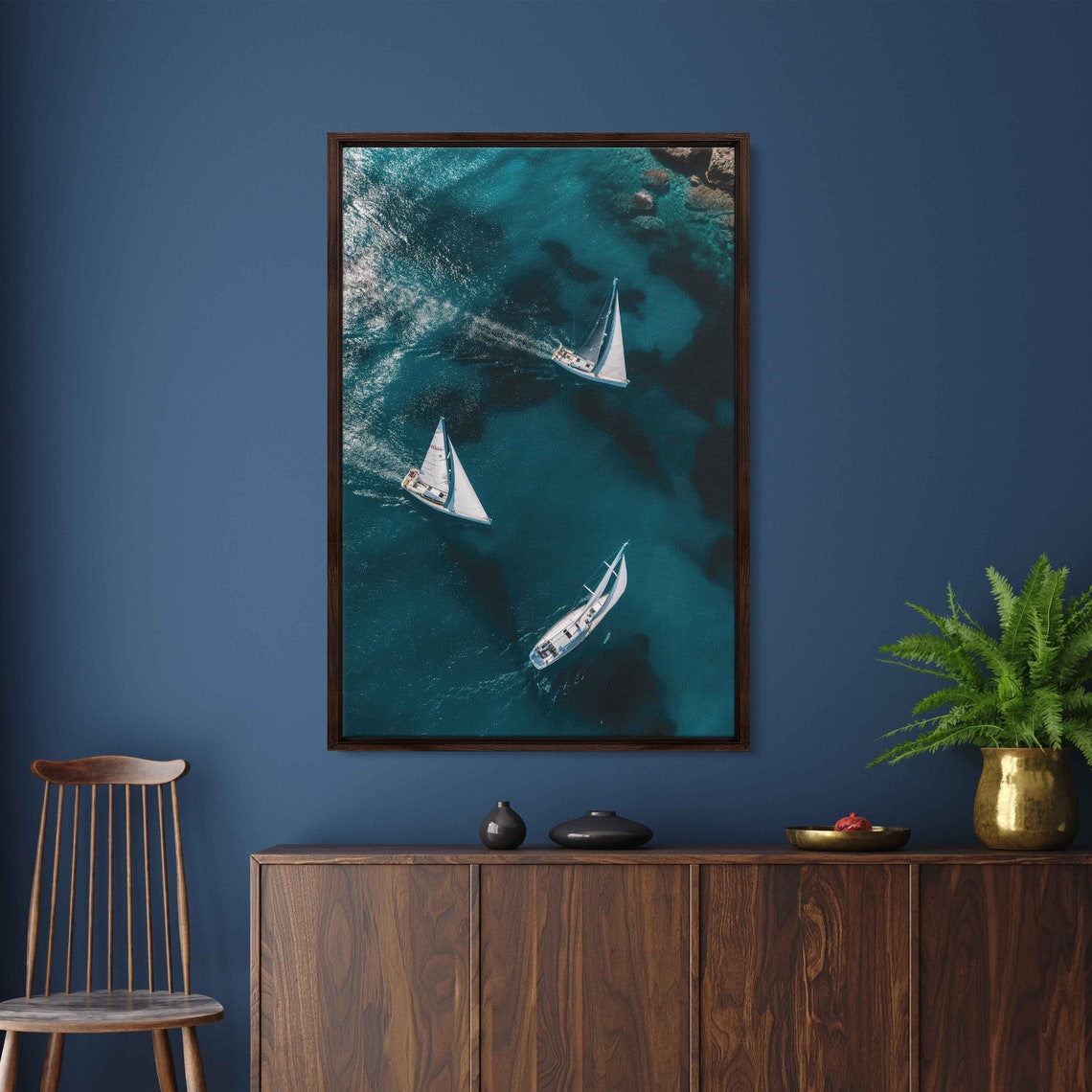 Aerial Overhead View Three Sailboats Sailing Turquoise Ocean Wall Art