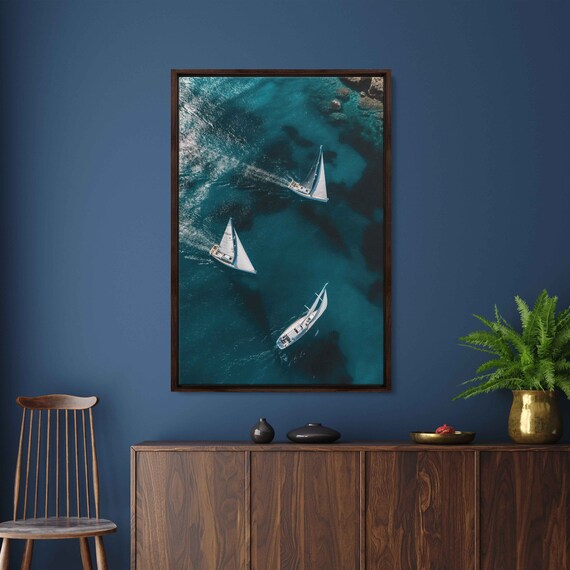 Aerial Overhead View Three Sailboats Sailing Turquoise Ocean Wall Art