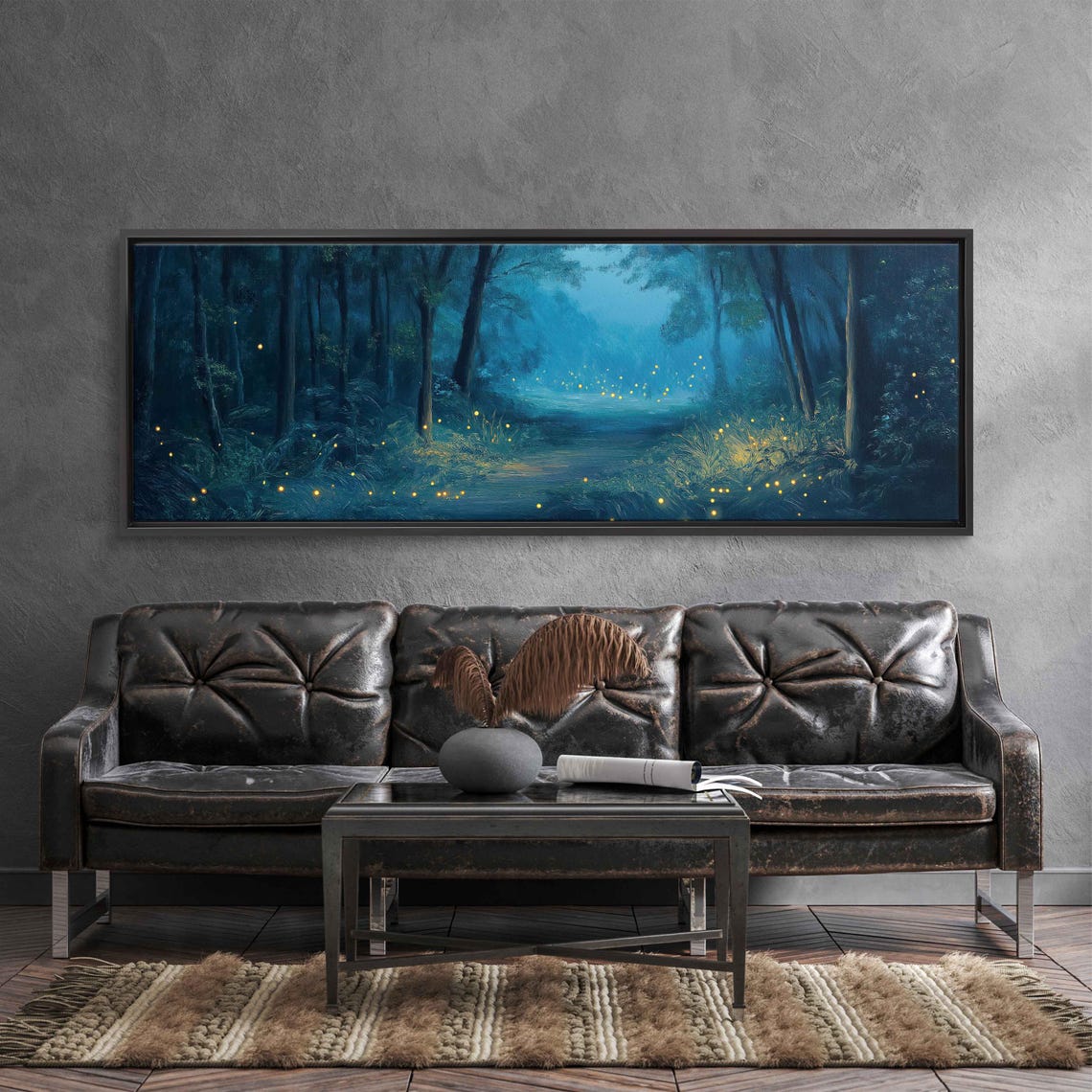 Magical Moonlit Forest Glade Engulfed With Fireflies Oil Wall Art Print Fantasy Nature Art Enchanted Trees Ready To Hang