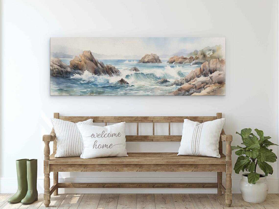 Ocean Waves Crashing On Rocky Coast Watercolor Panoramic Travel Poster - Image 3