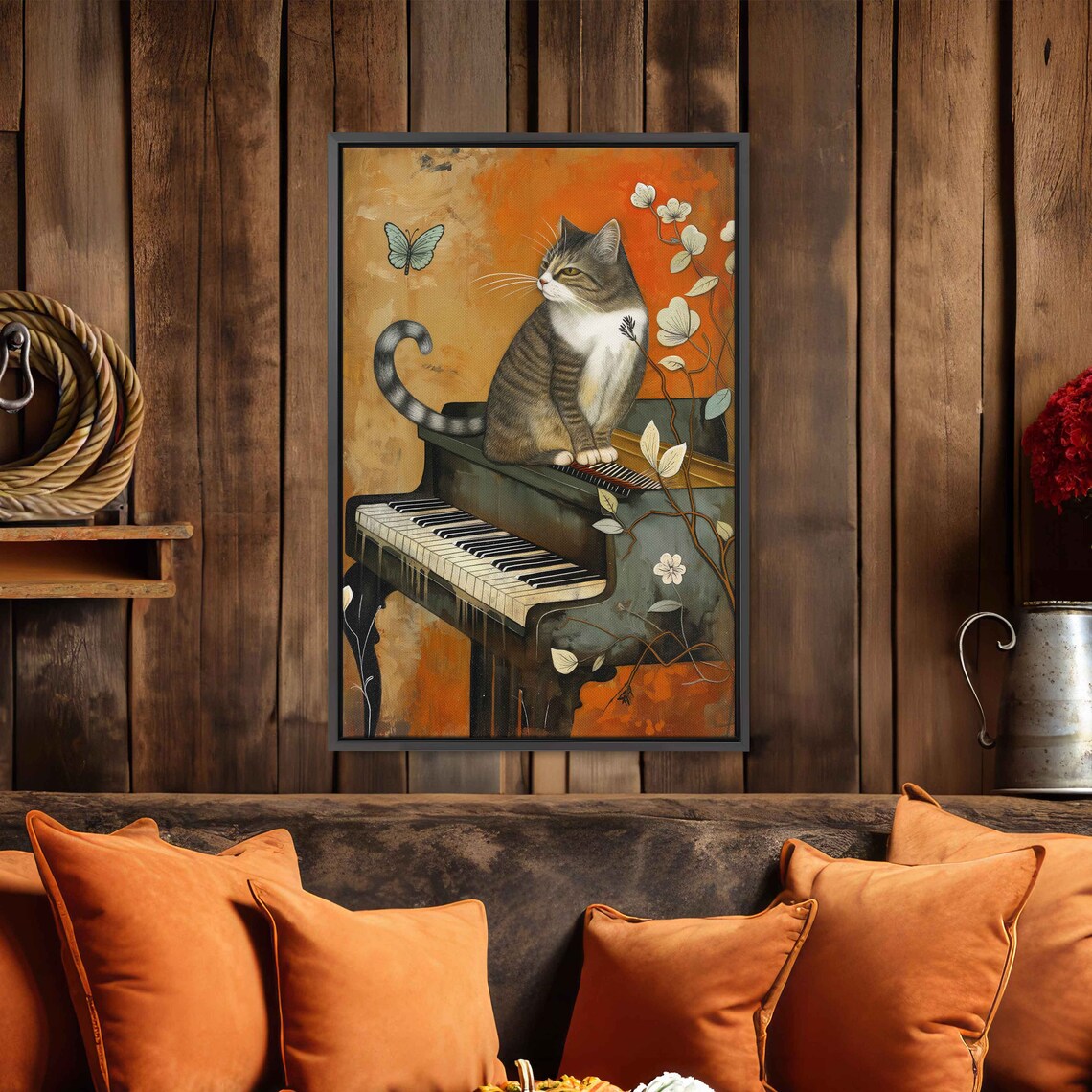 Whimsical Tabby Cat Sitting on Piano Floral Butterfly Vintage Art Print - Image 3