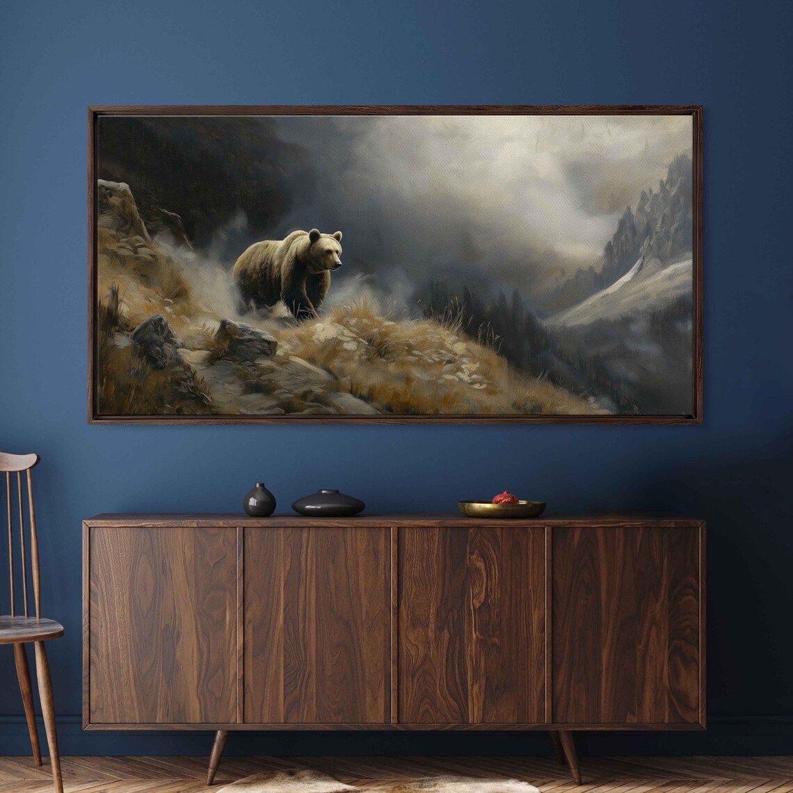 Grizzly Bear Emerging From Fog Dramatic Mountain Oil Painting Poster - Image 3