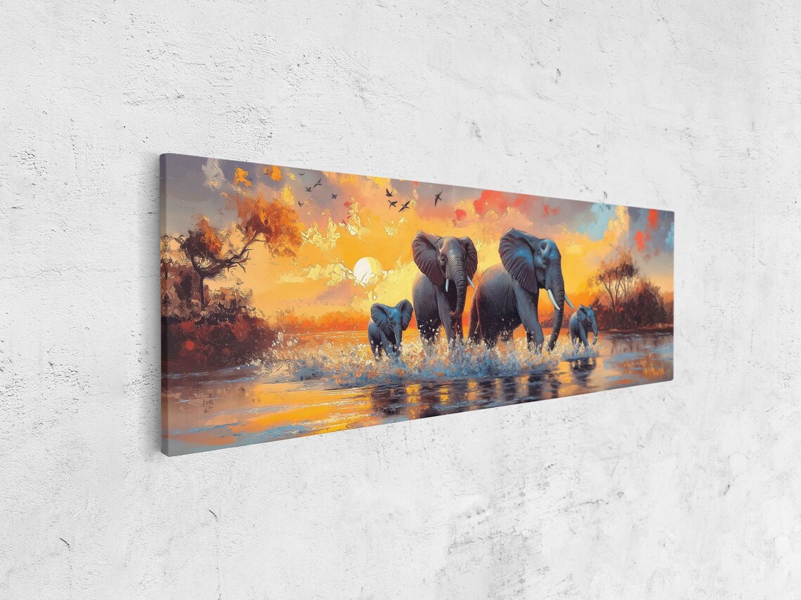 Elephant Family Crossing River African Sunset Vibrant Safari Wall Art - Image 4