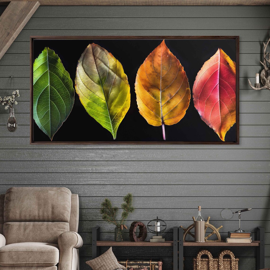 Four Fall Leaves Green To Red Color Progression Black Photo Poster - Image 3