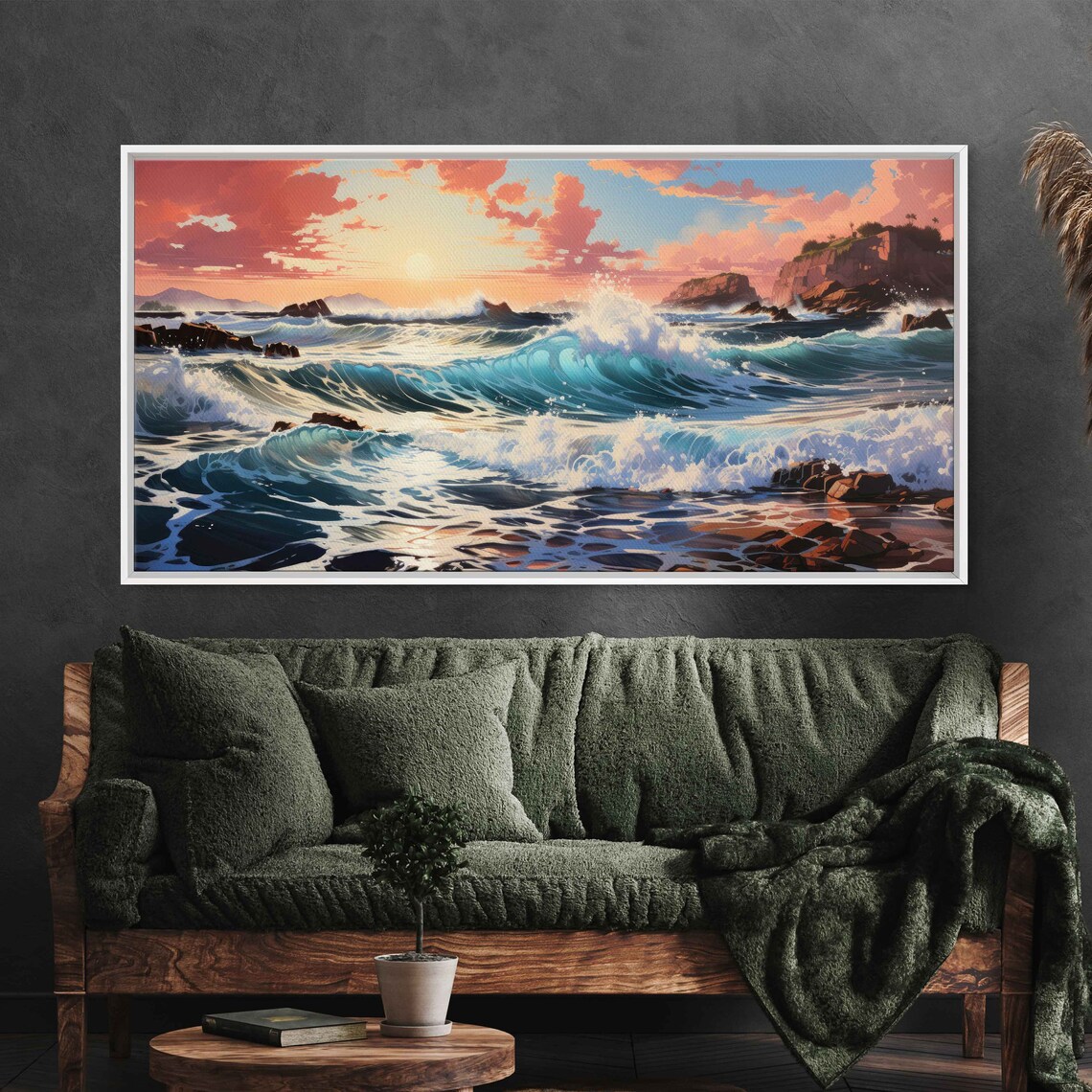 Crashing Ocean Waves Sunrise Pink Clouds Rocky Cliffs Panoramic Seascape Poster - Image 2