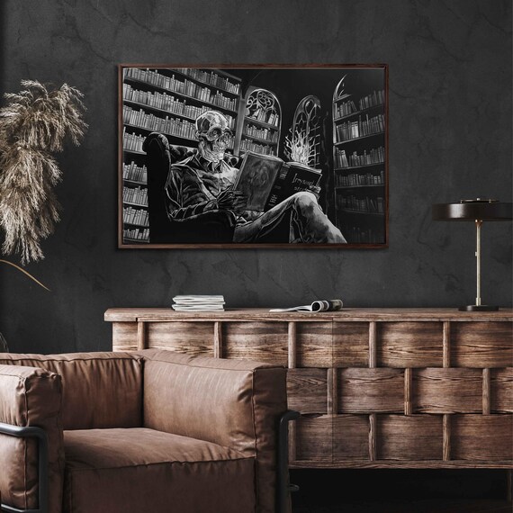 Skeleton Reading Book In Armchair Inside Dark Library Halloween Ink Poster