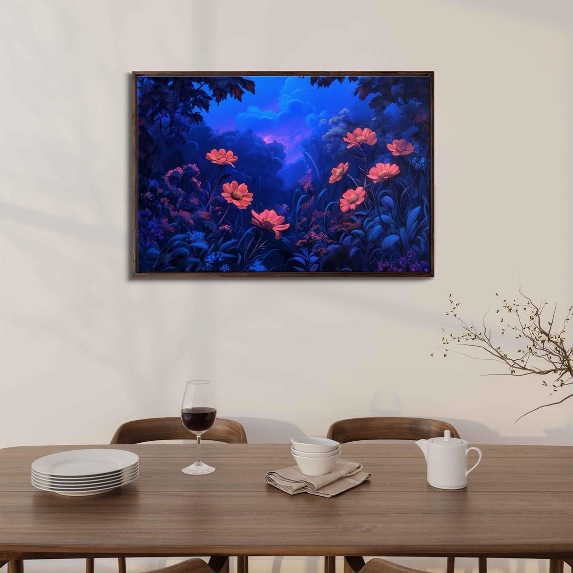 Neon Garden Flowers Under Moonlight Glowing Night Blossoms Art Poster