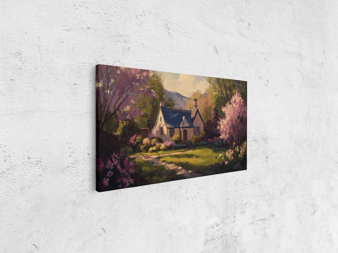 Charming Cottage Among Pink Spring Blossoms Landscape Painting Poster - Image 4
