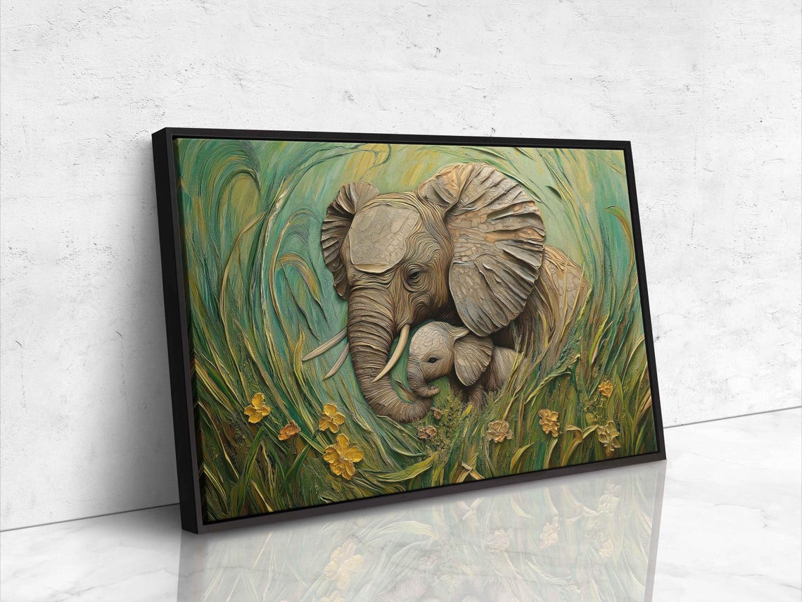 Mother Elephant Nurturing Her Calf Wall Art Print Lush Green Savanna Dynamic Brushwork - Image 4