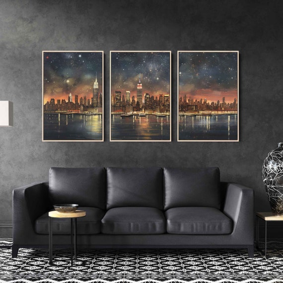 New York Skyline Triptych Wall Art Ready To Hang Starry Sky Over Hudson River Empire State Building Ready To Hang