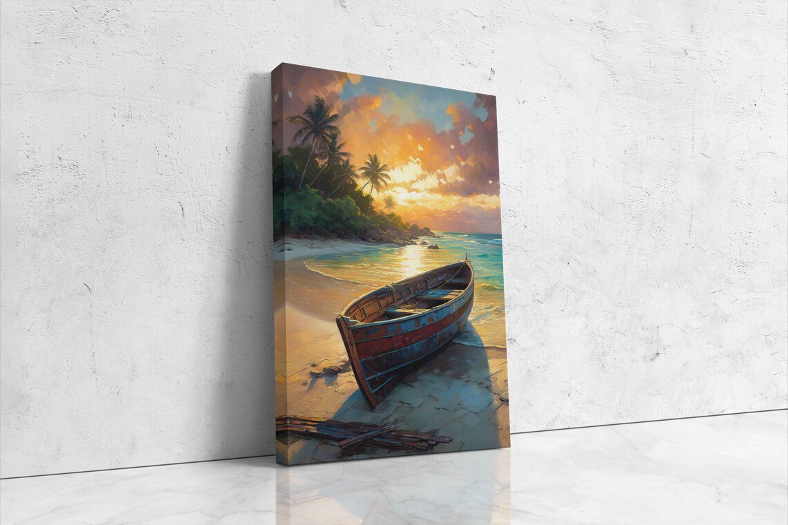 Wooden Fishing Boat On Beach At Sunrise Palms Tropical Painting Poster - Image 4