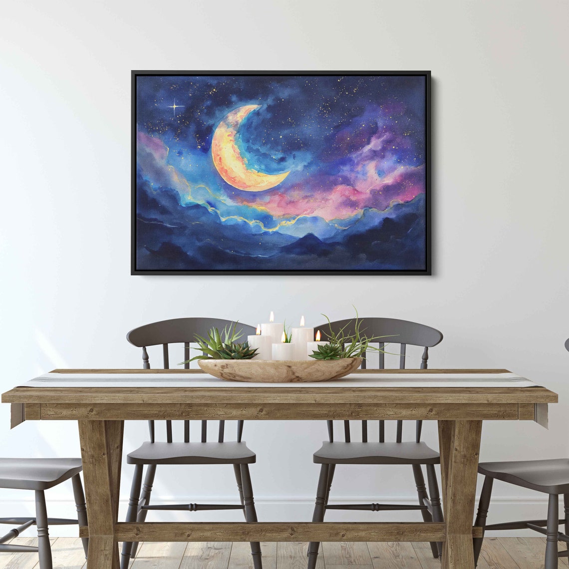 Moon In Star Filled Night Sky With Clouds Painting Framed Print Ready To Hang - Image 3