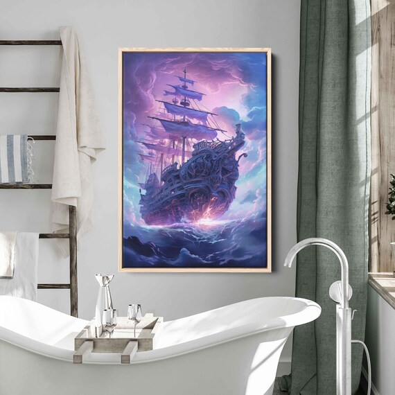 Fantasy Pirate Galleon Purple Neon Moonlit Clouds Ghost Ship Wall Art Poster